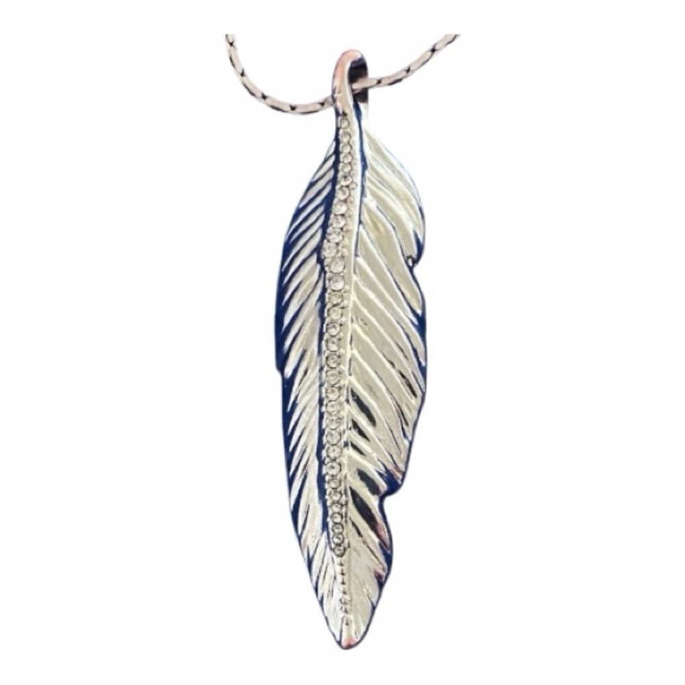 Express Silver Feather Pendant Necklace Long Chain Boho Western Festival